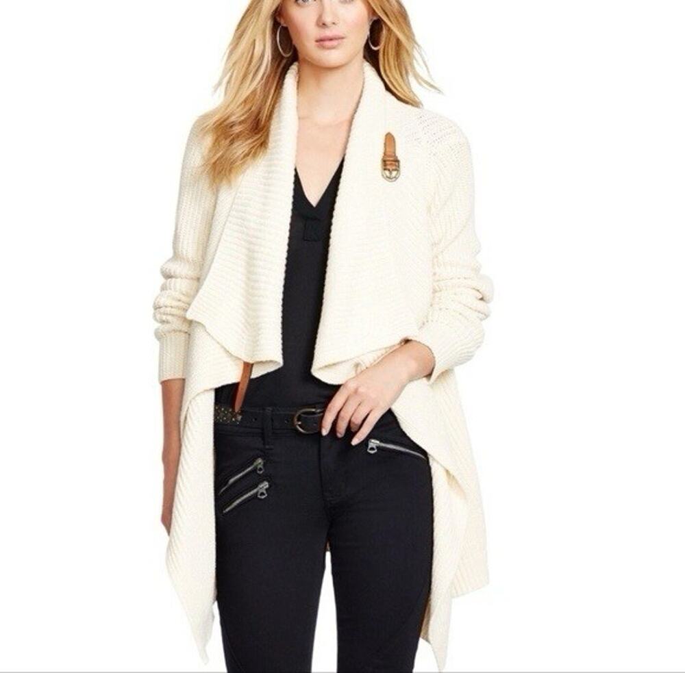 Polo Ralph Lauren Draped Sweater Ivory 100% Cotton Leather Strap Buckles S